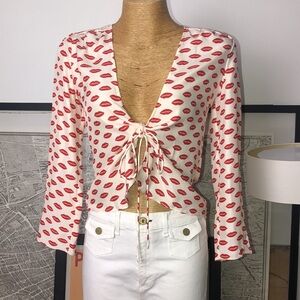 Realisation Red Lip Print Tie-Front Silk Blouse Size S